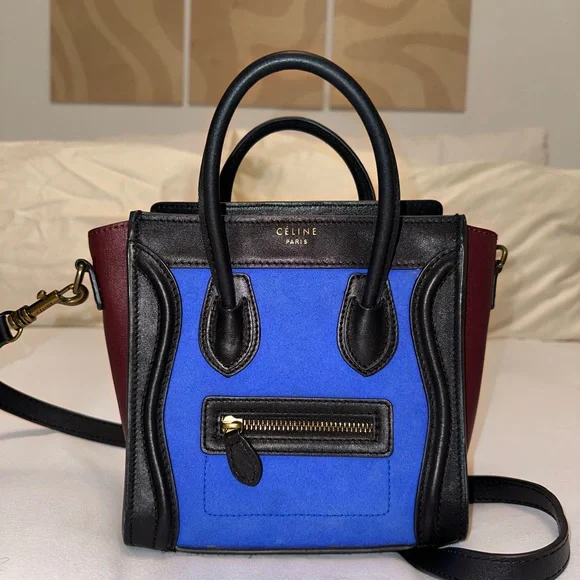 Celine Bags Brand Bew Celine Nano Luggage Bag In Blue Suede Burgundy And Black Color Way Poshmark